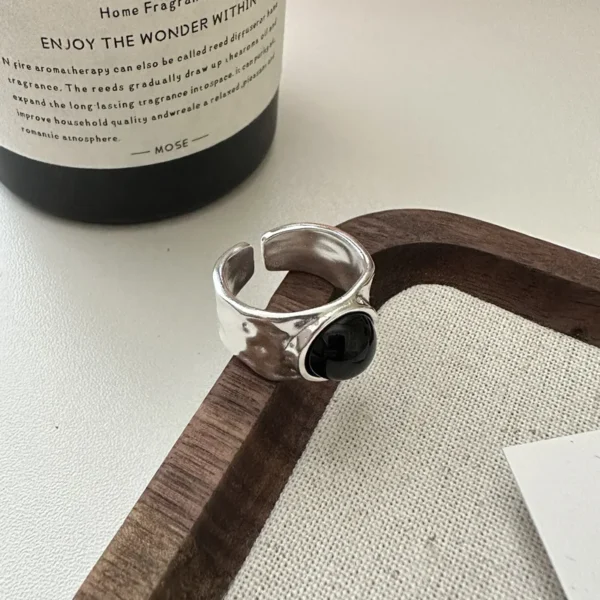 S925 Sterling Silver Black Onyx Ring Heavy Industry Korean Version Niche Design INS Wind Cool Feeling Texture Open Ring