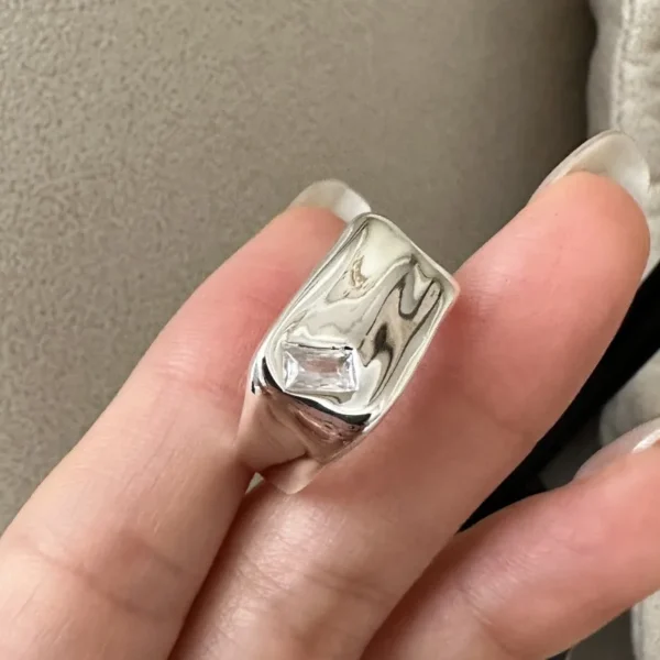 S925 Sterling Silver Korean Version Niche Design Sense Square Zircon Ring Korean Style Fashion Retro Simple Ring
