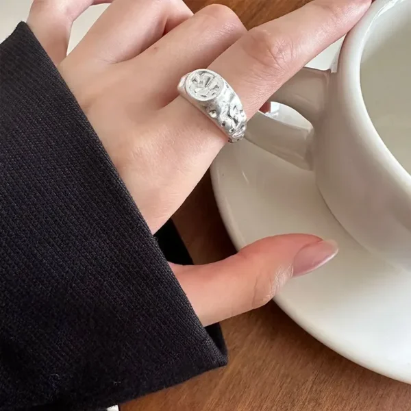 Texture Lava Ring Women's S925 Sterling Silver Simple Fashion Ins Trendy Cool Wind Concave Open Single Ring New Product