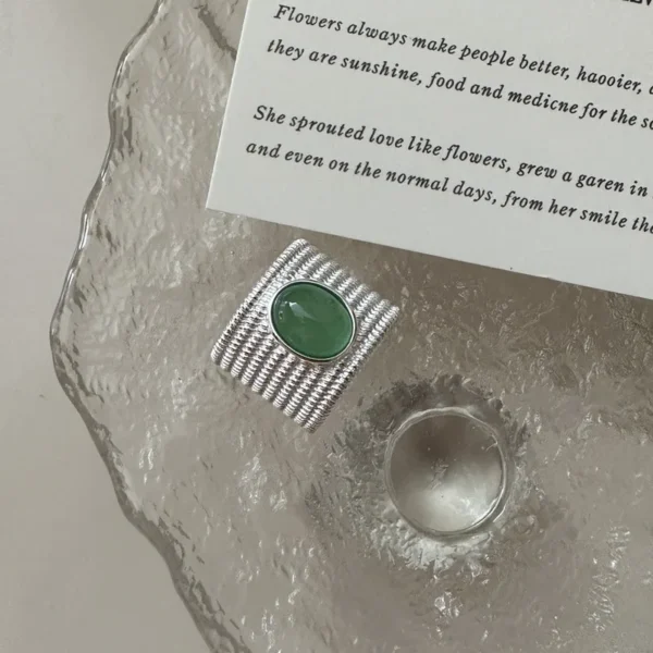 S925 Sterling Silver Niche Design Green Agate Ring Fashionable Simple Vintage Ring Wholesale