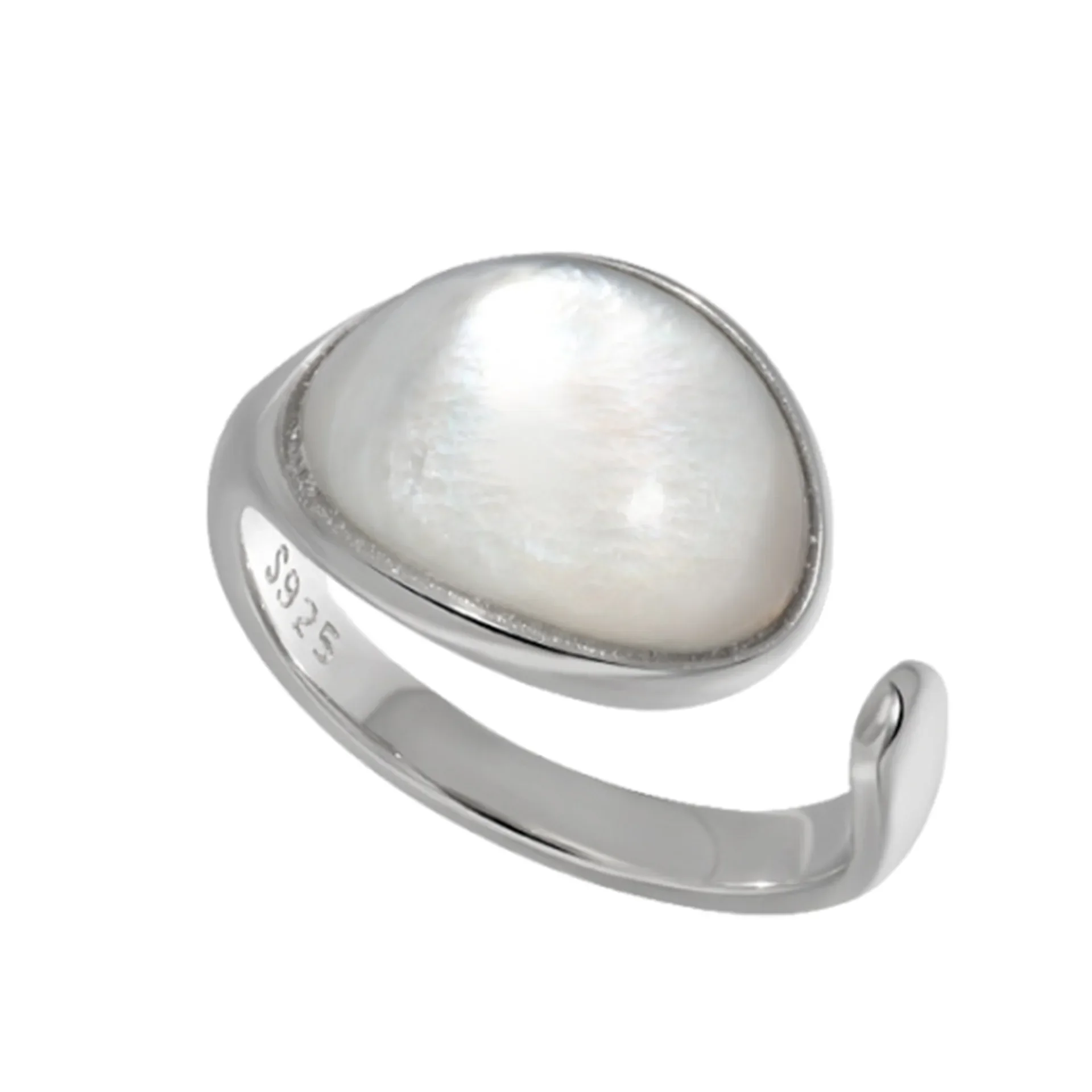 Pure Handmade Light Luxury Texture S925 Geometric Oval Shell Stone Ring Women's Fashionable Personality Open Ring - Image 5