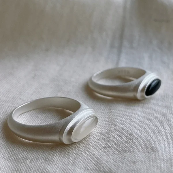 Black Agate Sterling Silver Ring for Female Minority Design Retro Index Finger Ring New Chinese Satellite Matte Ring