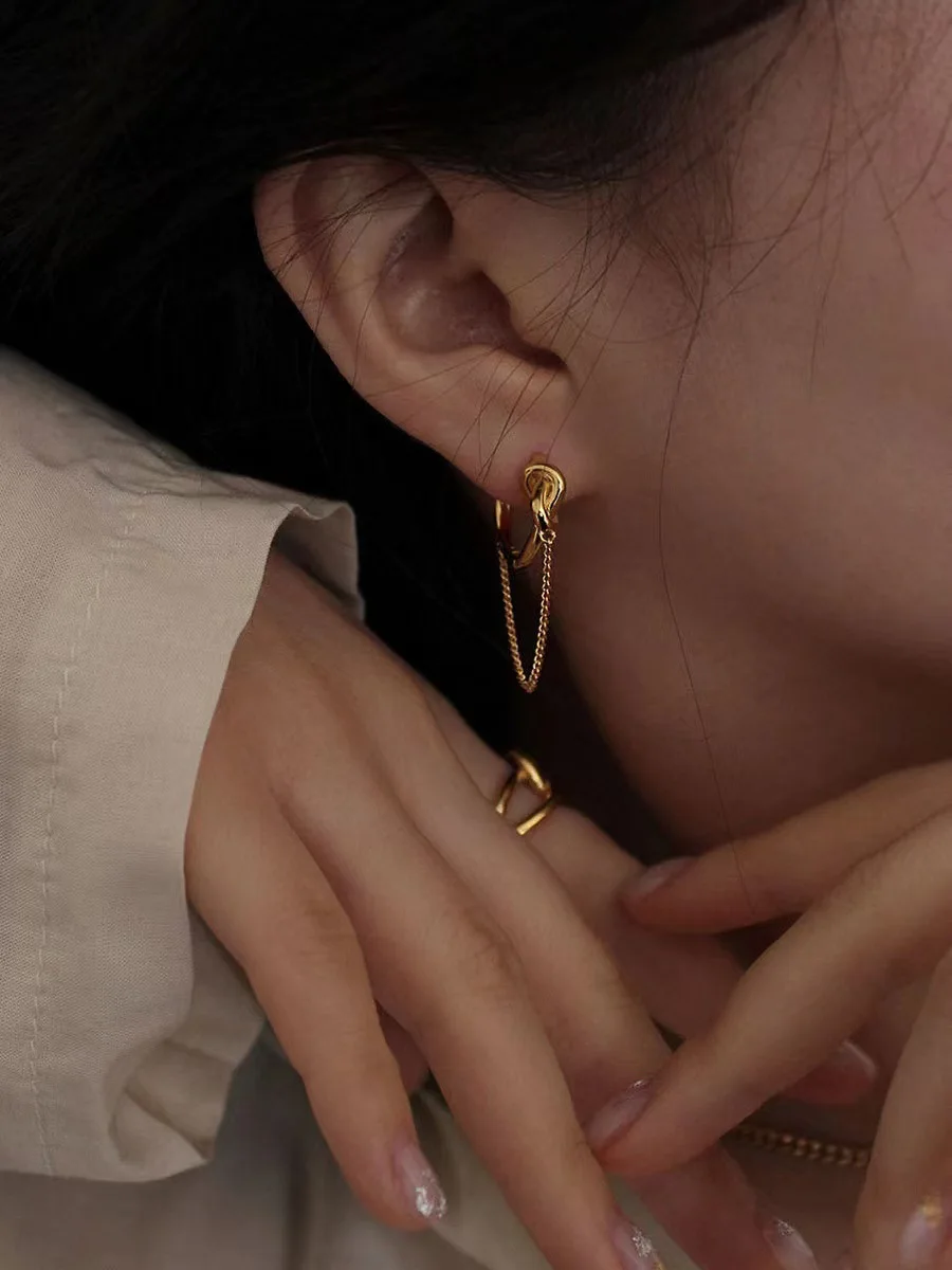 Press Weekend Korean 925 Sterling Silver Ins Style Gold Temperament with Knotted Chain Earrings Small The Same - Image 2