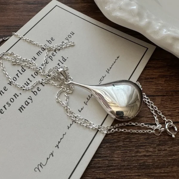 Real S925 Sterling Silver Pendant Design Sense Retro Glossy Big Water Drop Necklace Collarbone Chain