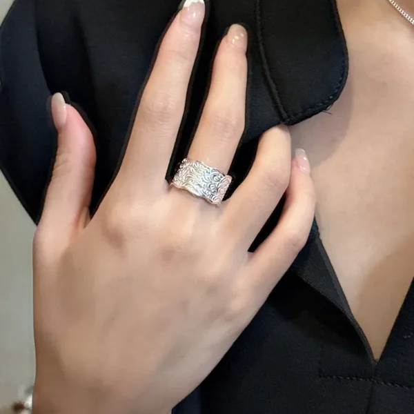 S925 Sterling Silver Korean Fashion Texture Heavy Industry Tang Grass Pattern Ring Blogger Fashionable INS Wind Wholesale