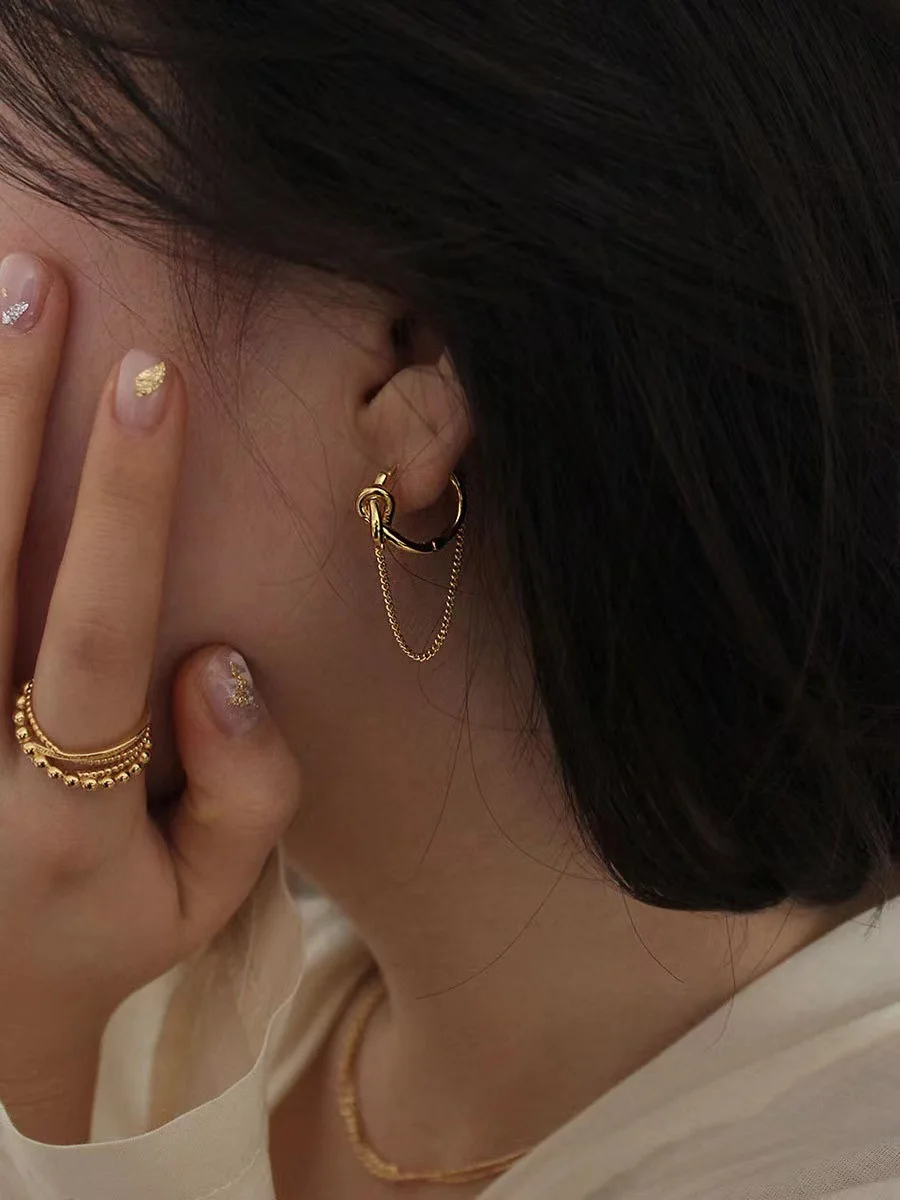 Press Weekend Korean 925 Sterling Silver Ins Style Gold Temperament with Knotted Chain Earrings Small The Same - Image 4