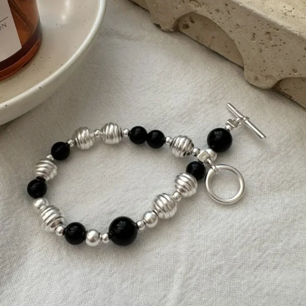 S925 Sterling Silver Niche Design Black Agate Beaded Bracelet Korean Style Matte Simple First Jewelry Wholesale