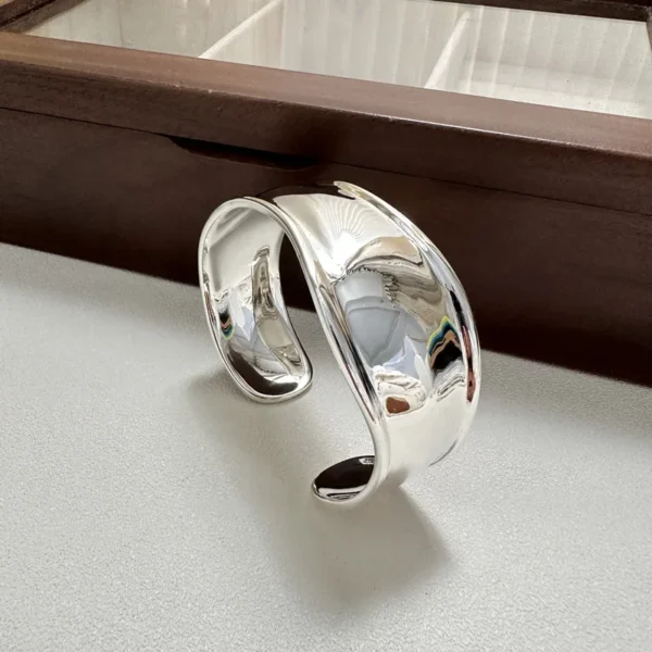 S925 Sterling Silver Korean Heavy Industrial Texture Large Glossy Arc Bracelet INS Fashion Blogger Handicraft