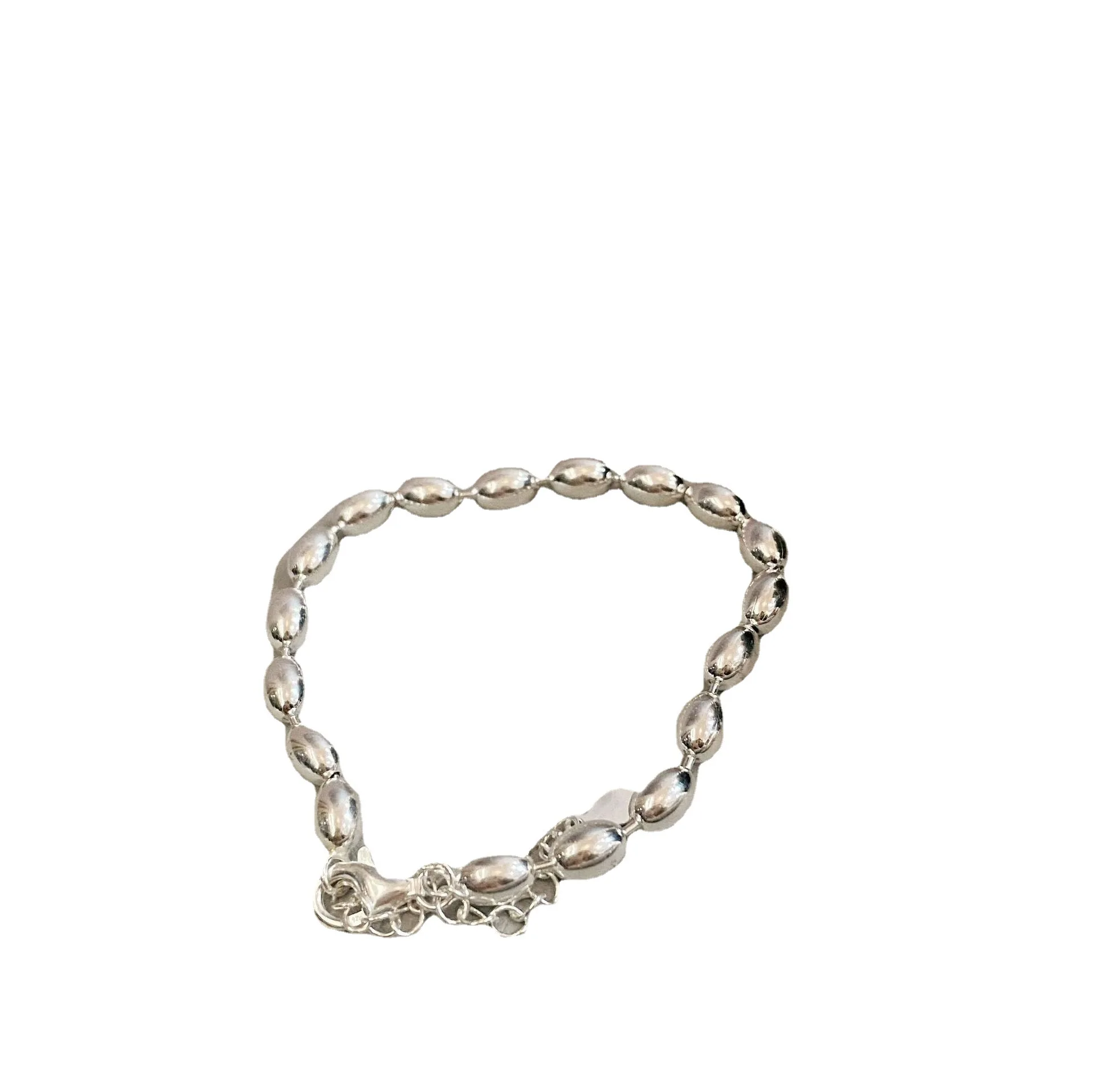 S925 Sterling Silver Simple Large Olive Bead Bracelet Versatile Rice Bead Bracelet with High Grade and Thick Feel - 画像 (5)