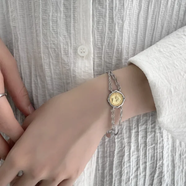 S925 Sterling Silver Ancient Coin Queen Brand Double-layer Bracelet High-end Light Luxury Gold Coin Retro Jewelry Wholesale