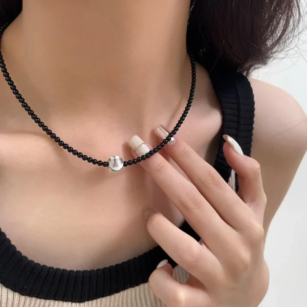 Korean S925 Sterling Silver Black Agate Brushed Temperament Clavicle Necklace Niche Designer High-end Hand Item Set Chain
