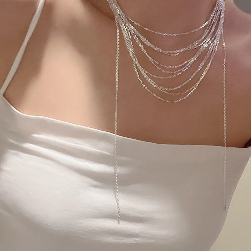 S925 Sterling Silver Korean Tassel Glitter Personality Multi-layer Necklace Fashion Blogger Style Collarbone Chain Wholesale - Image 3