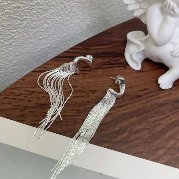 S925 Sterling Silver Irregular C-shaped Twist Bar Tassel Earrings Korean Version Simple INS Style Niche Design Texture