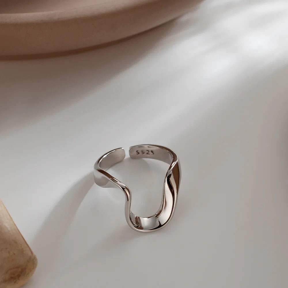 Korean Style S925 Sterling Silver Ring Female Ins Simple Non-Mainstream Irregular Line U-Shaped Cool Stall - Image 3