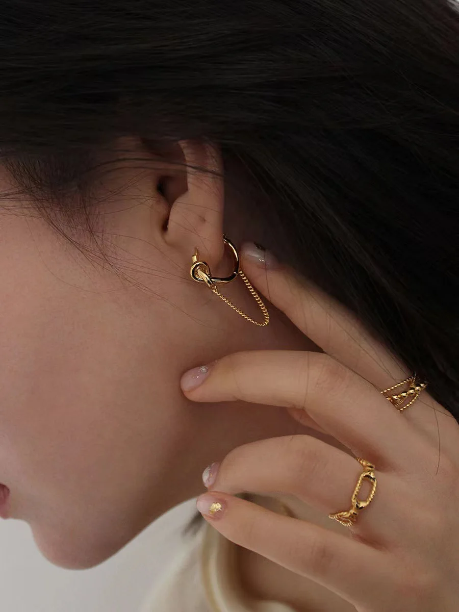 Press Weekend Korean 925 Sterling Silver Ins Style Gold Temperament with Knotted Chain Earrings Small The Same - Image 5