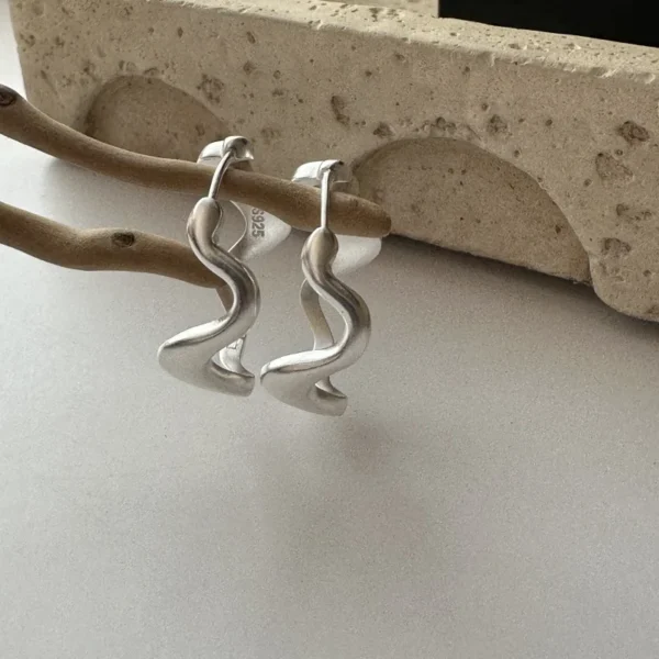 S925 Sterling Silver Earrings Niche Design Wave Texture Ear Buckle Simple Matte Ear Jewelry