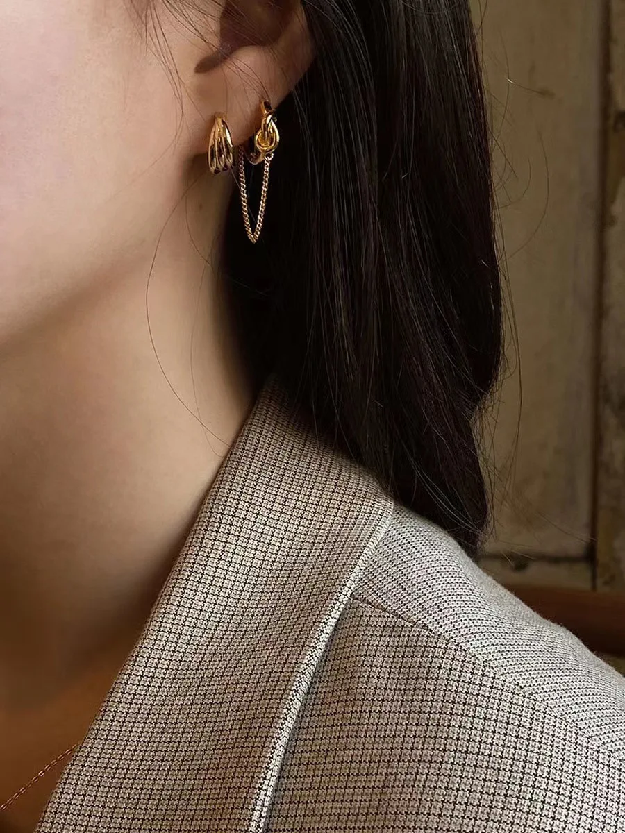 Press Weekend Korean 925 Sterling Silver Ins Style Gold Temperament with Knotted Chain Earrings Small The Same - Image 3
