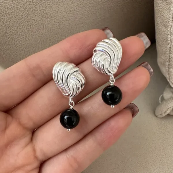 S925 Sterling Silver Niche Design Black Agate Kinked Earrings Korean Style Retro Fashionable Personalized Ear Jewelry