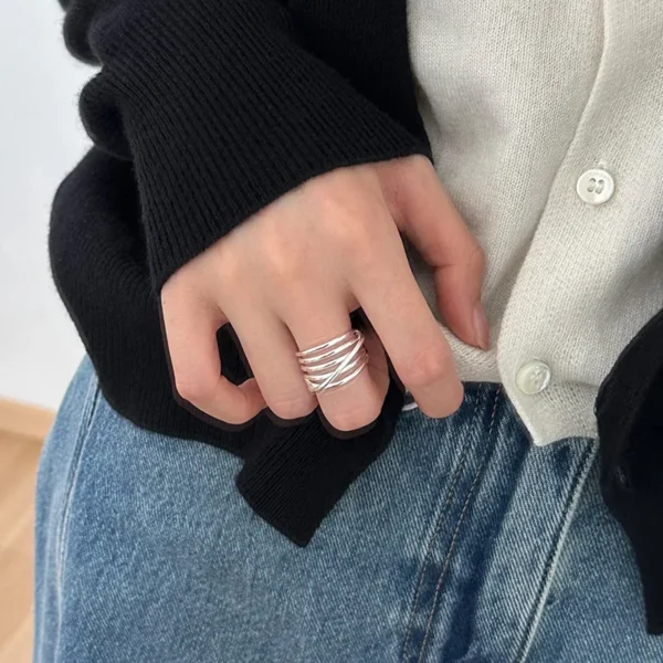 925 Sterling Silver Multi-layer Crossed Line Ring Female Bright Silver Simple Light Luxury Fashion Personalized Opening Ring