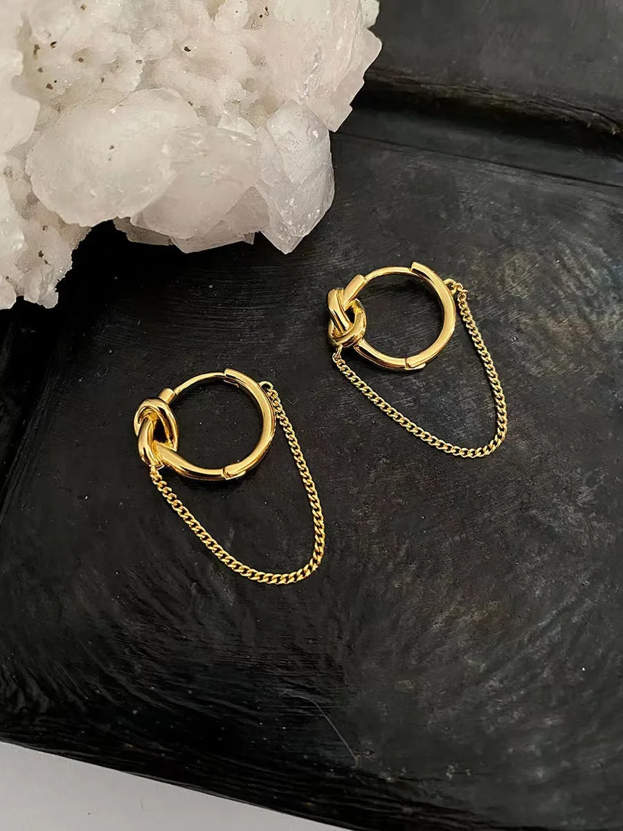 Press Weekend Korean 925 Sterling Silver Ins Style Gold Temperament with Knotted Chain Earrings Small The Same