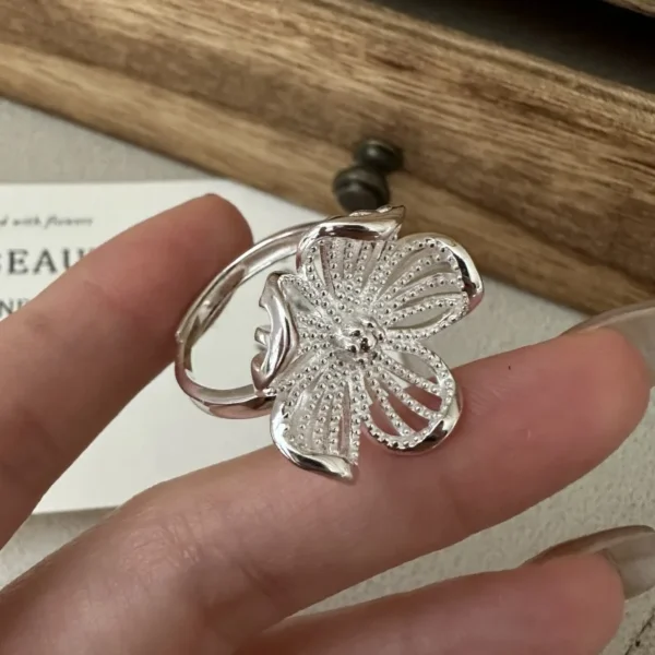S925 Sterling Silver Korean Version Niche Design Sense Big Flower Ring Korean Retro INS Style Personalized Ring Wholesale