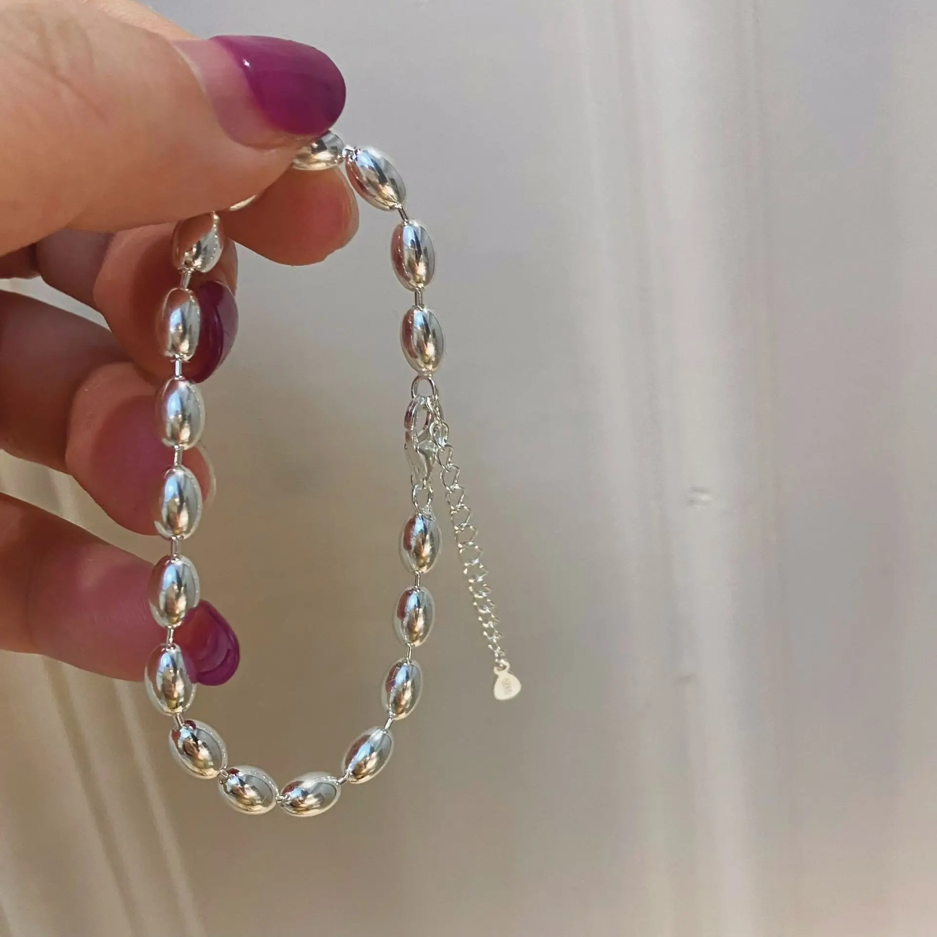 S925 Sterling Silver Simple Large Olive Bead Bracelet Versatile Rice Bead Bracelet with High Grade and Thick Feel - 画像 (2)