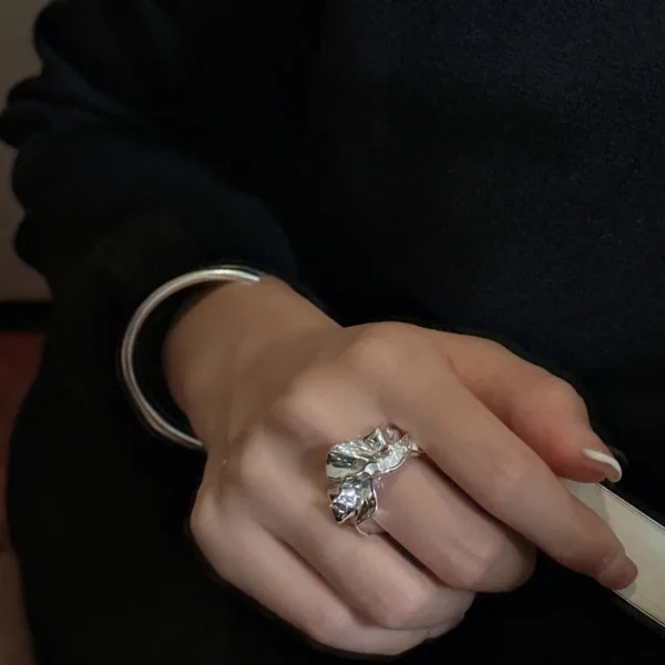 S925 Sterling Silver Korean Version Niche Design Korean Irregular Pleated Texture Ring Korean Blogger Fashion Ring