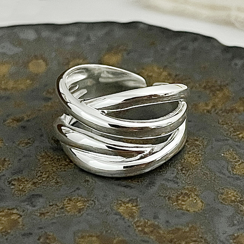 925 Sterling Silver Multi-layer Crossed Line Ring Women's European Simple Temperament Personalized Opening Design Ring - Image 5