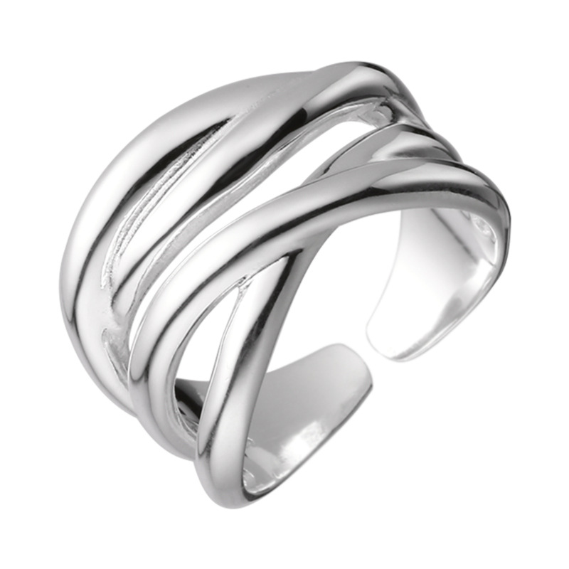 925 Sterling Silver Multi-layer Crossed Line Ring Women's European Simple Temperament Personalized Opening Design Ring - Image 3