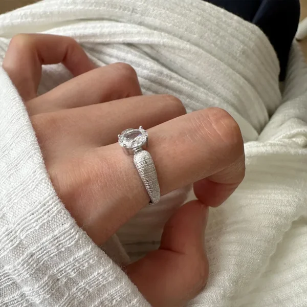 S925 Sterling Silver Frosted Brushed Ring with Diamonds, Simple Medieval Personality Niche Light Luxury Adjustable Ring 0149A