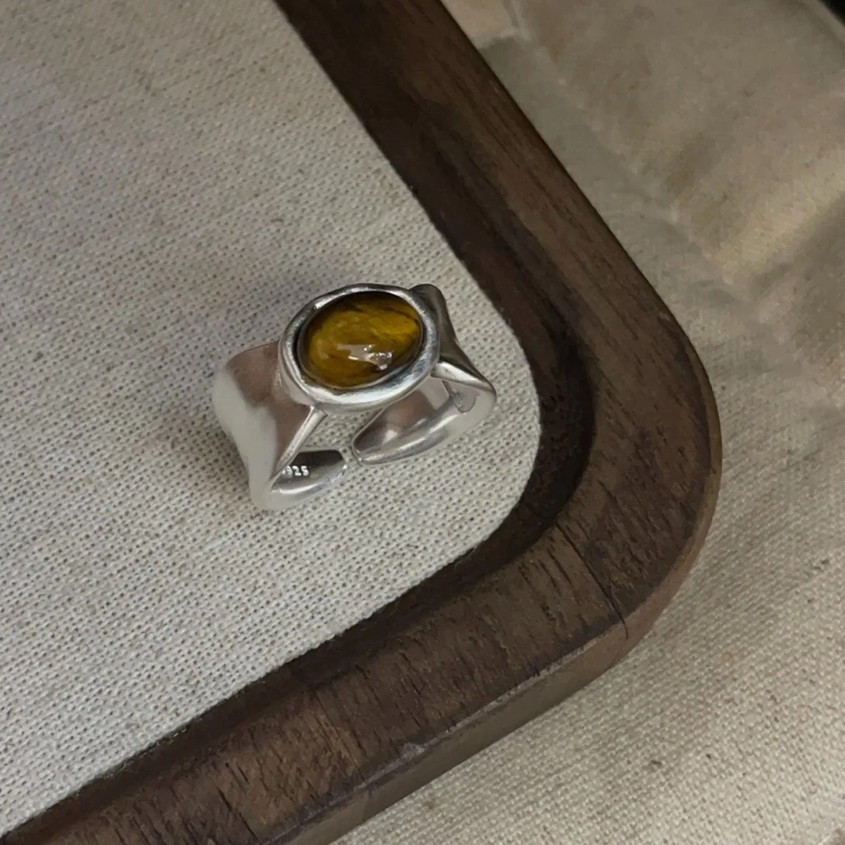 S925 Silver Brushed Matte Satin Inlaid Oval Natural Stone Open Ring Cold and Advanced Heavy Industry Texture - Image 4