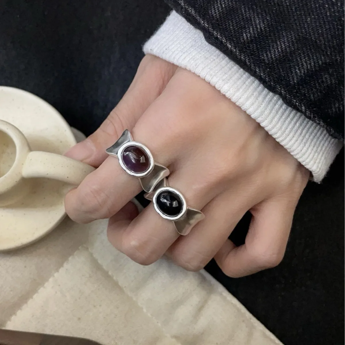 S925 Silver Brushed Matte Satin Inlaid Oval Natural Stone Open Ring Cold and Advanced Heavy Industry Texture - Image 2