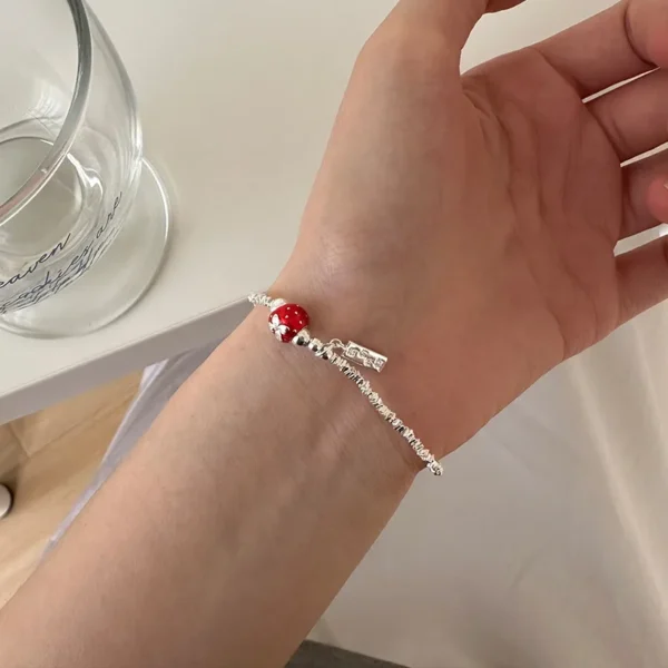[Berry Trouble Bracelet] 925 Sterling Silver Red Oil Dripping Strawberry Long Brand Broken Silver Bead Bracelet Female B6207