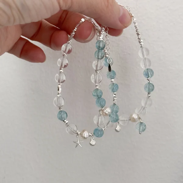 S925 Silver-white Crystal Pearl Broken Silver Bracelet Shell Starfish Pendant Design Blue Fairy Design