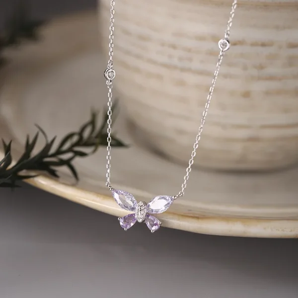 925 Sterling Silver Purple Butterfly Necklace Women's Simple Light Luxury Diamond-encrusted Sense Exquisite Collarbone Chain