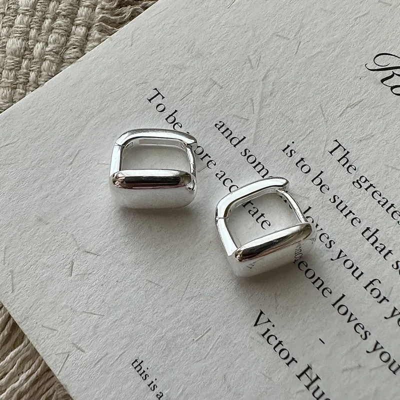 S925 Sterling Silver Korean Version Niche Design Sense Retro Square Ear Buckle Japanese Simple Fashion Basic Earrings