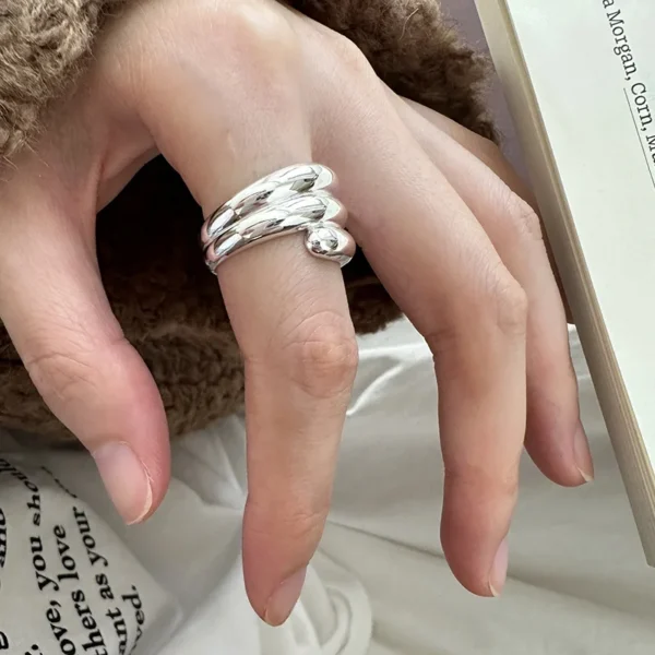 925 Sterling Silver Multi-layer Glossy Ring Female Japanese Niche Design Temperament Cold Wind Opening Ring 0138B