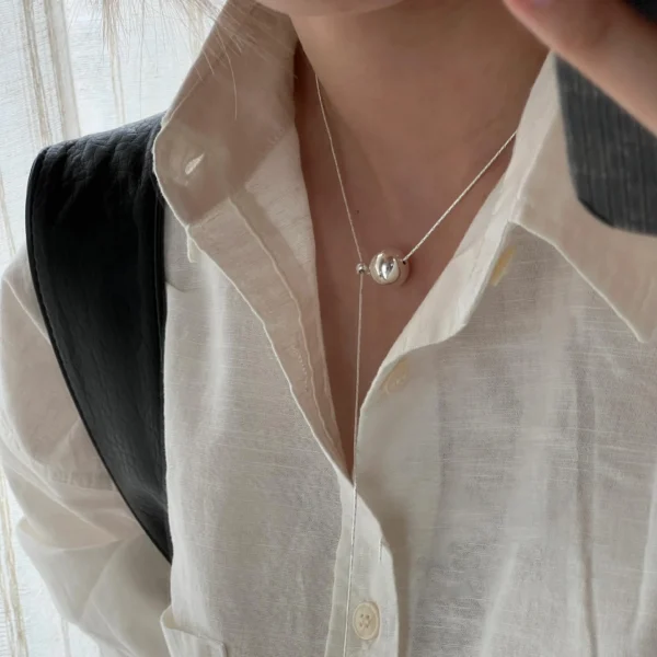 S925 Sterling Silver Bead Passepartout Long Necklace Female Korean Simple Ins Premium Niche Design Sweater Chain