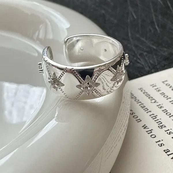 S925 Sterling Silver French Niche Design Sense Retro Simple Tetragonal Ring Japanese Style Fashion Texture Ring