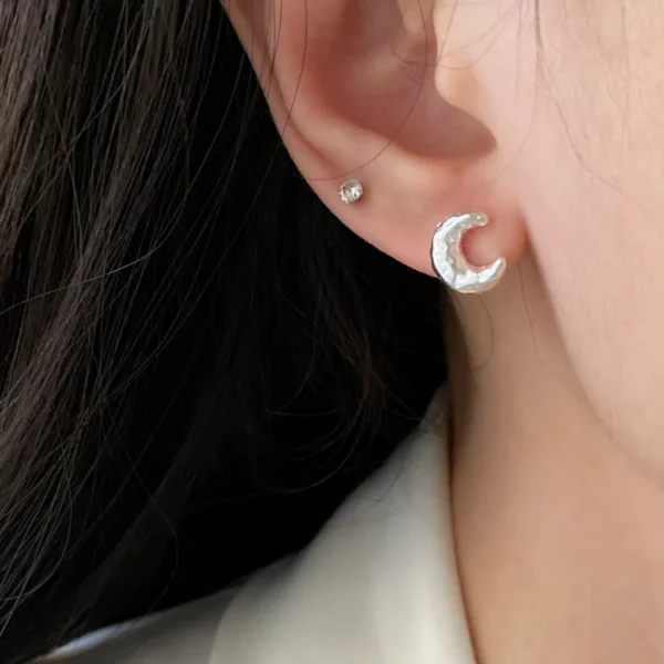 S925 Sterling Silver Texture Moon Earrings Women's Niche Design High-end Korean Simple Ins Style Ear