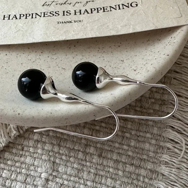 S925 Sterling Silver Korean Version Niche Design Sense Retro Black Agate Earrings European Simple Basic Ear Jewelry