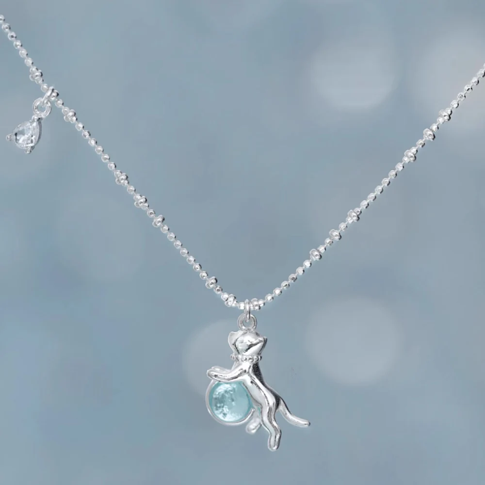 F.I.N.S Original Kitten with Blue Glass Ball S925 Sterling Silver Necklace Cat Waterdrop Zircon Pendant Bead Chain Fine Jewelry - Image 2