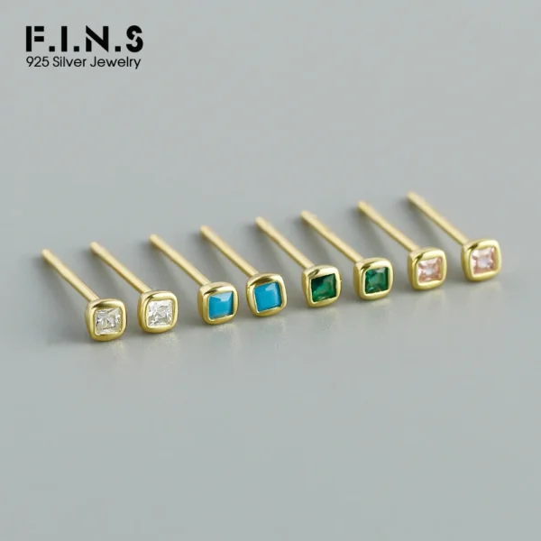 F.I.N.S Korea simple Classic S925 Sterling Silver Multi-Color Zircon Small Earrings Mini Square CZ Piercing Ear Fine Jewelry