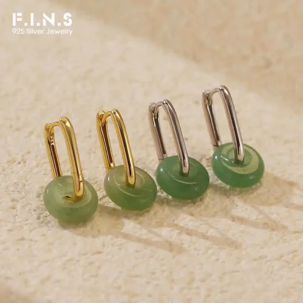 F.I.N.S Minimalist S925 Sterling Silver Drop Earrings Peace Buckle Chinese Natural Aventurine Oval Ear Hoops Fine Jewelry Gifts