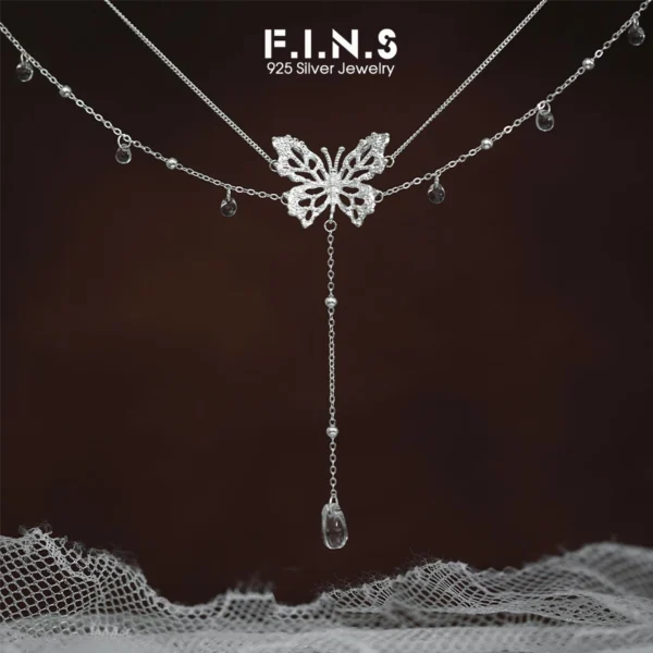 F.I.N.S Original S925 Sterling Silver Lace Necklace Hollowed Butterfly Waterdrop Pendants For Women Clavicle Chains Fine Jewelry