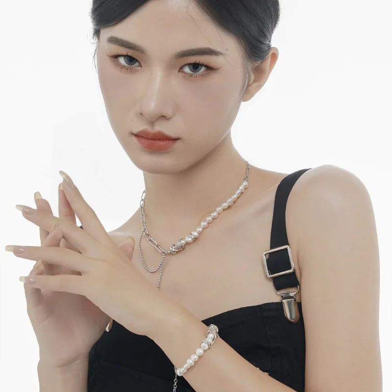 F.I.N.S Asymmetrical Chain S925 Sterling Silver Irregular Freshwater Pearl Link Chain Clavicle Necklace Statement Fine Jewelry - Image 3