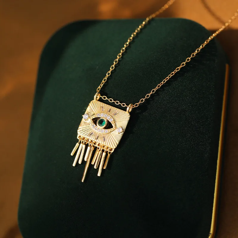 F.I.N.S S925 Sterling Silver Devil's Eye Tassel Necklace Women Retro Style Zirconia Square Pendants Clavicle Chain Fine Jewelry - Image 2