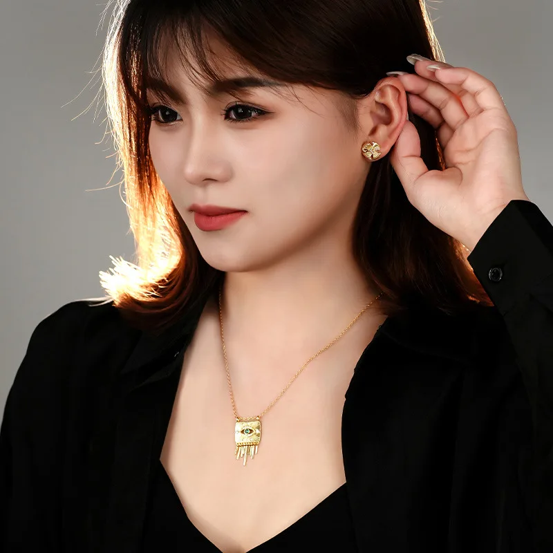 F.I.N.S S925 Sterling Silver Devil's Eye Tassel Necklace Women Retro Style Zirconia Square Pendants Clavicle Chain Fine Jewelry - Image 3