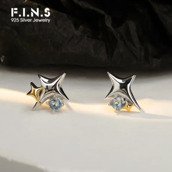 F.I.N.S Korean Design S925 Sterling Silver Color Blocked Star Earrings Small Piercing Blue Zircon Ear Studs Fine Jewelry Gifts