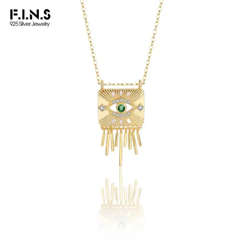 F.I.N.S S925 Sterling Silver Devil's Eye Tassel Necklace Women Retro Style Zirconia Square Pendants Clavicle Chain Fine Jewelry